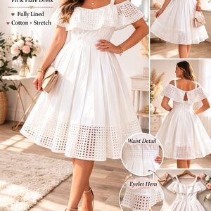 Eliza J White Eyelet Lace Fit & Flare Dress Size 12 Off Shoulder Romantic